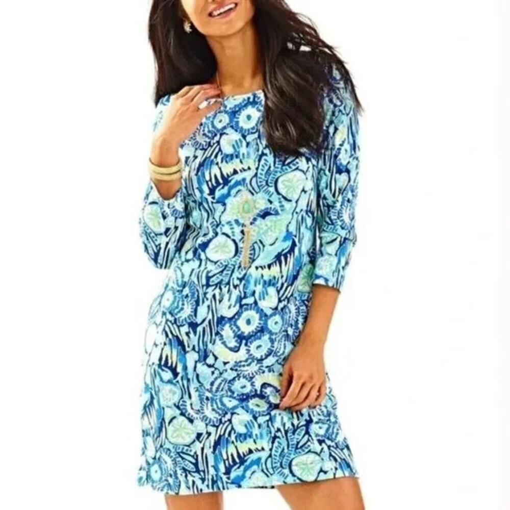 LILLY PULITZER Marlow T-Shirt Dress in Sunset Swim Indigo 3/4 Sleeve Size M